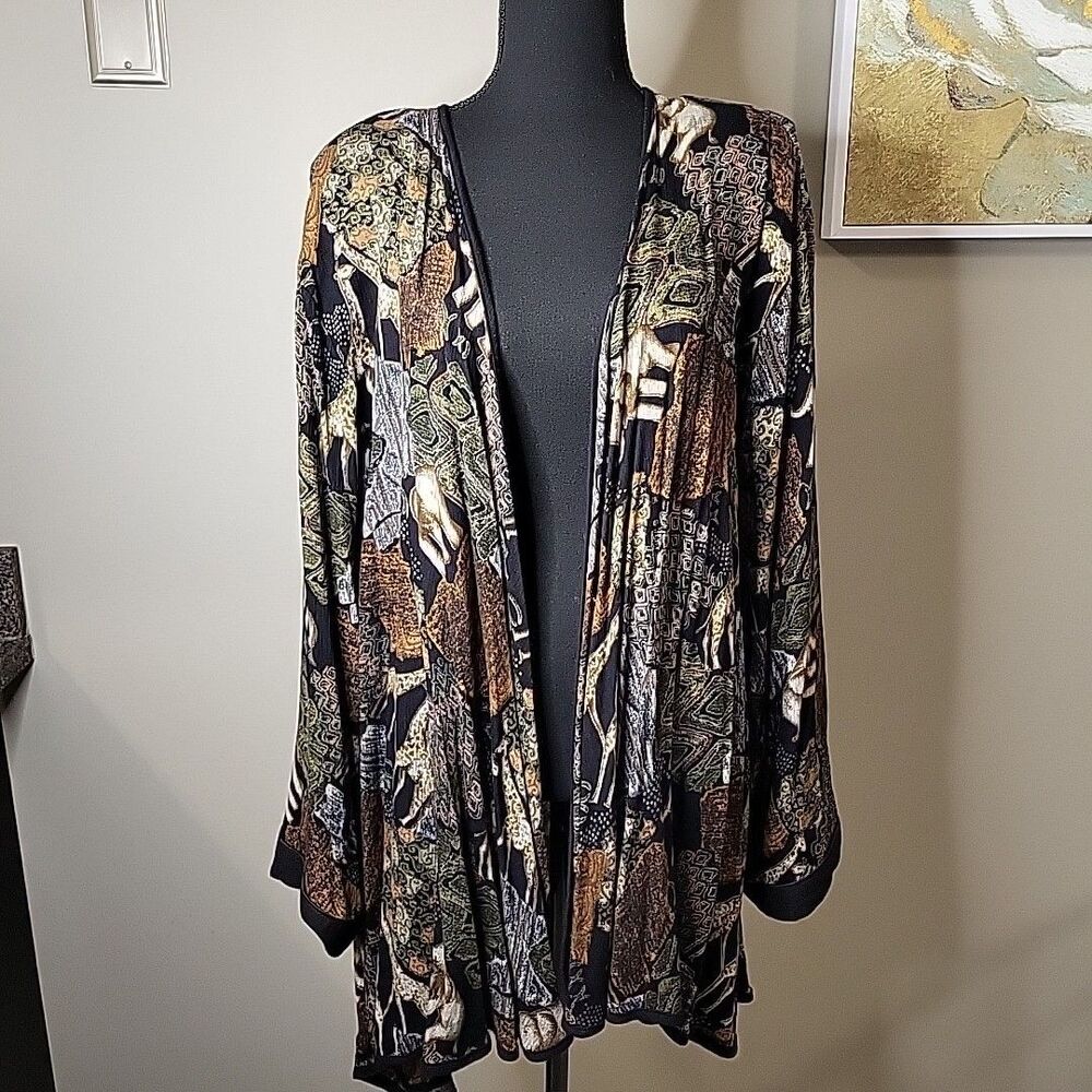 VINTAGE Freestyle Collection‎ Boho Safari Print Duster Cardigan  Kimono Rayon 1X